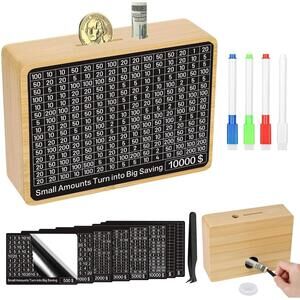 Cash Vault Wooden Money Box Savings Challenge Box with Saving Targets NEW